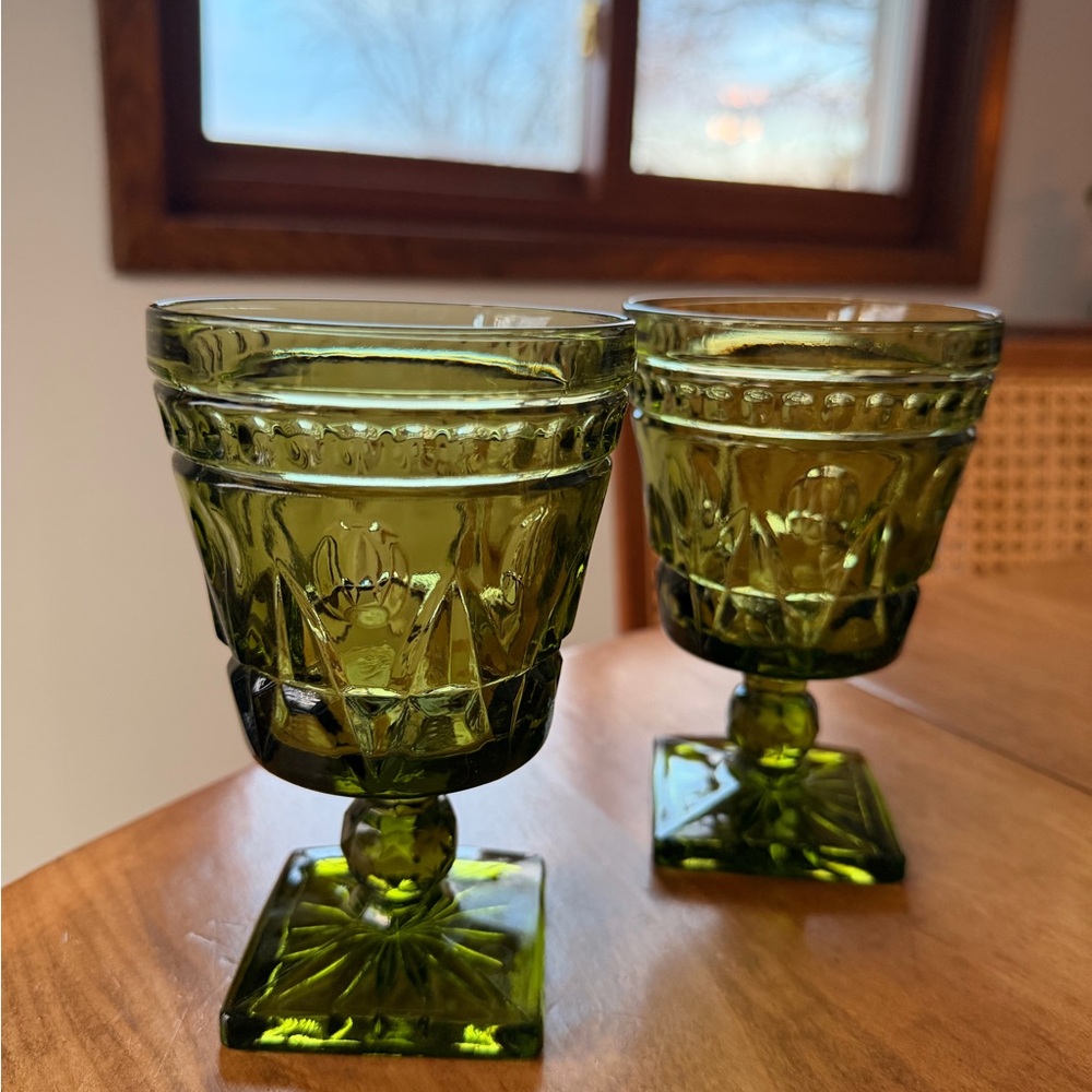 Green Pressed Glass Goblets - Set of 2
